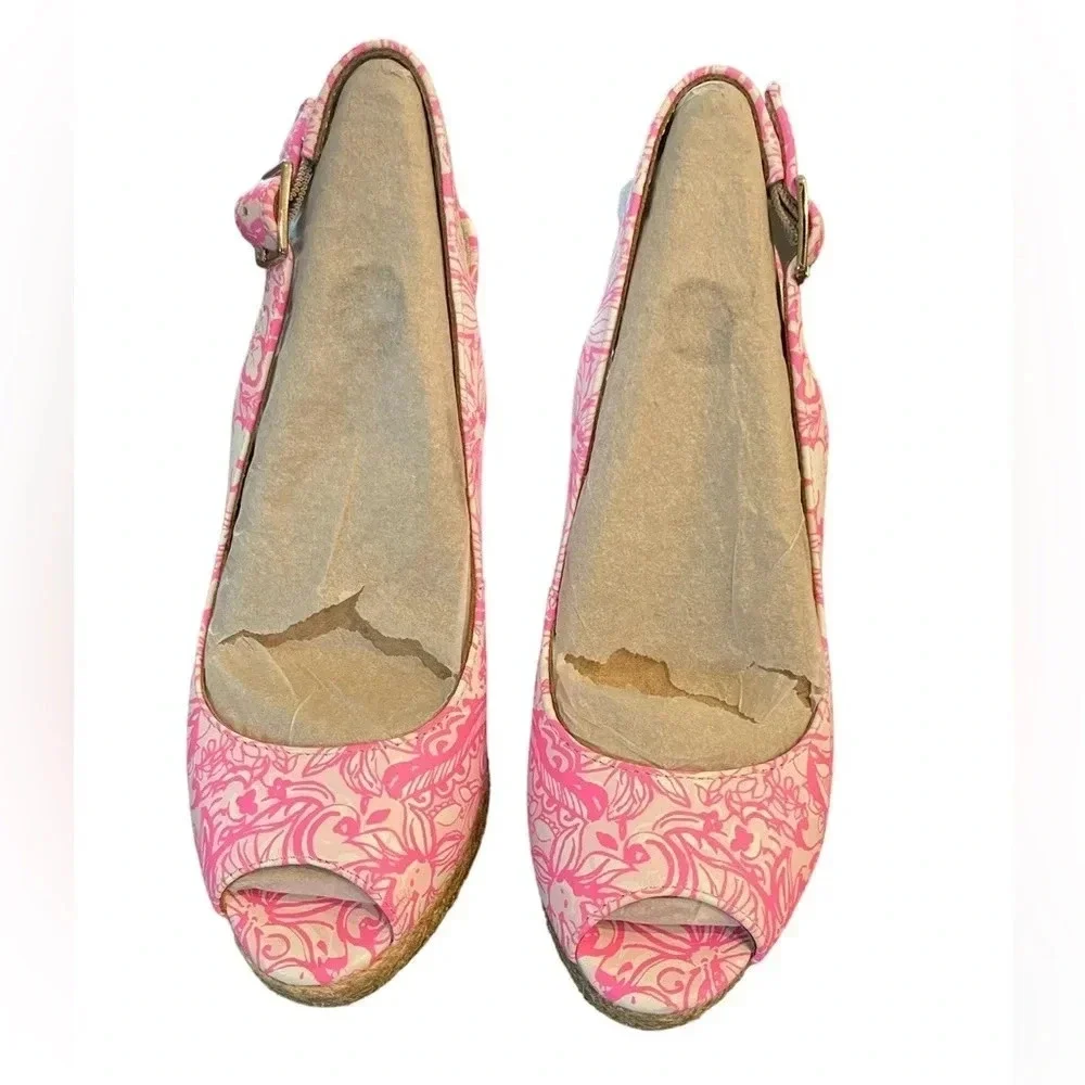🎀 Lilly Pulitzer Krisie Pink Leather Cork Wedges 💕 Size 6 Barbiecore 🎀